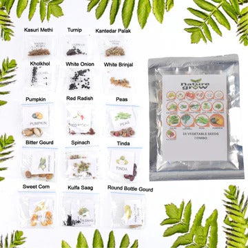 15 individual packets of various vegetable seeds displayed next to a Nature Grow combo package.