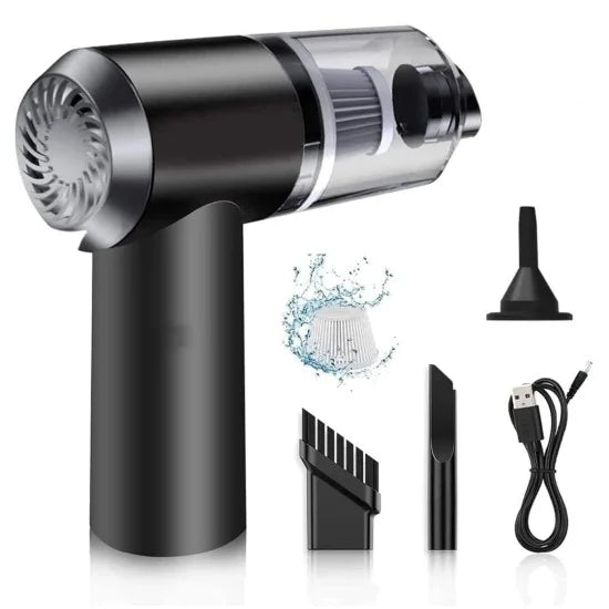 A black cordless 3-in-1 portable mini vacuum cleaner displayed with its washable filter graphic, USB charging cable, and three interchangeable nozzle