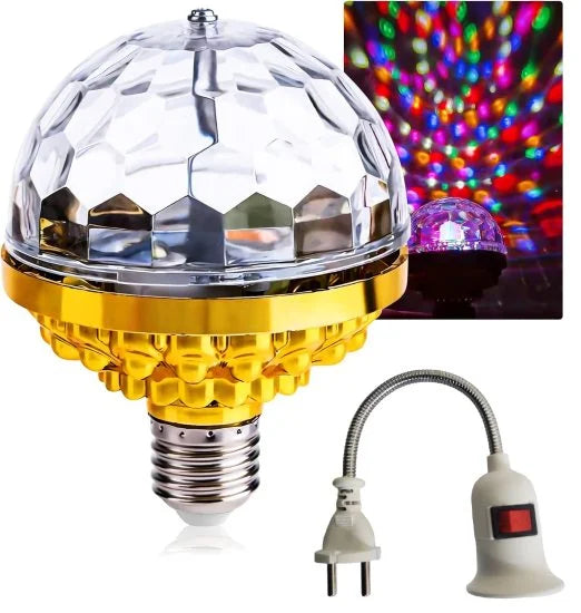 A faceted rotating LED disco light bulb with a gold base and a flexible plug-in adapter, displaying colorful party light projections.