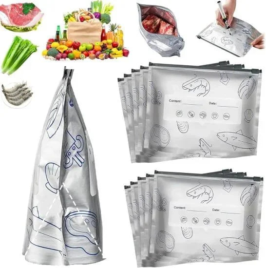 10 reusable aluminum foil bags shown with various fresh foods like vegetables and meat.