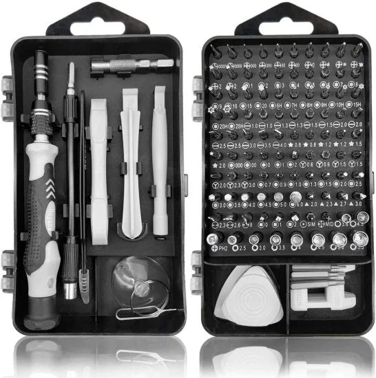 A comprehensive 115-in-1 precision screwdriver set in an open black double-sided case, showcasing a screwdriver handle, numerous driver bits, and various pry tools for electronics repair.