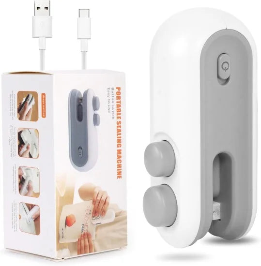 A portable white and grey 2-in-1 USB sealer machine displayed next to its product packaging, showing a USB-C charging cable and user instructions.