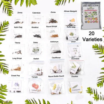 A collection of 20 individually labeled small plastic ziplock bags containing various flower and vegetable seeds arranged in a grid, displayed alongside a silver master packet with the text "20 Varieties," all framed by green leaves on a white background.