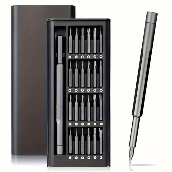 A sleek 24-in-1 precision screwdriver set with assorted bits organized inside a dark metallic storage case.