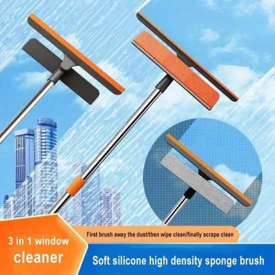 A versatile 3-in-1 window cleaning tool featuring an orange high-density sponge and a soft silicone squeegee scraper on a metal handle, shown against a blue sky background.