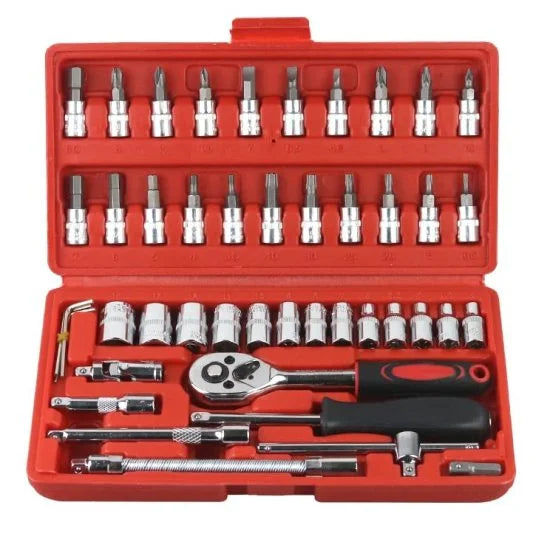 A 46-piece socket and wrench tool kit, featuring assorted driver bits, sockets, and a ratchet wrench, neatly organized inside an open red plastic storage case.