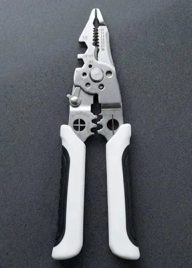 A multi-functional 9-in-1 wire stripper and plier tool with ergonomic white and black handles.