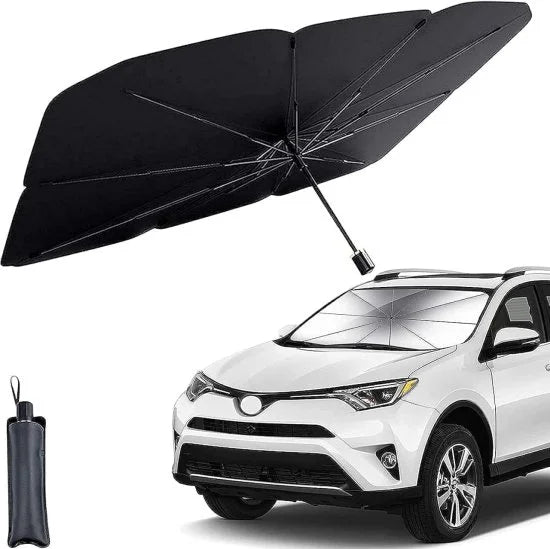 A black foldable car sun shade umbrella shown fully open, packed in its black storage pouch, and installed inside the windshield of a white SUV.