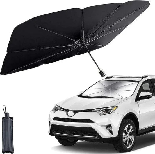 A black foldable car sun shade umbrella shown fully open, packed in its black storage pouch, and installed inside the windshield of a white SUV.