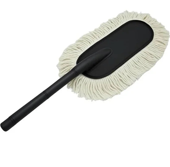 A car cleaning duster featuring a long black handle attached to an oval head with thick, off-white cotton fringes, displayed against a plain white background.