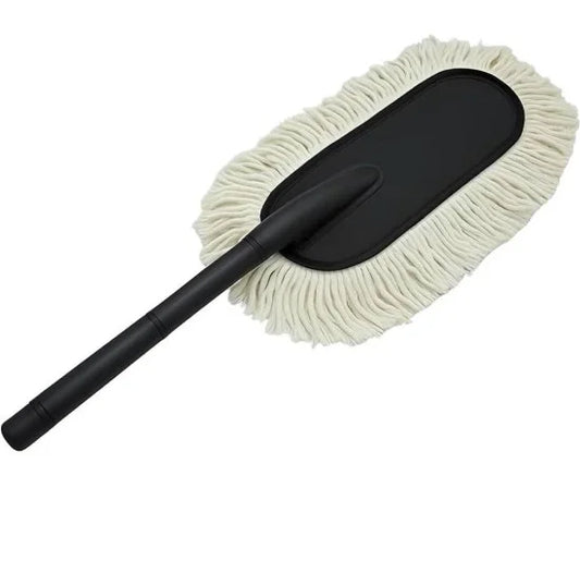 A car cleaning duster featuring a long black handle attached to an oval head with thick, off-white cotton fringes, displayed against a plain white background.