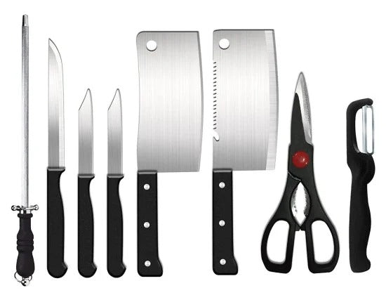 An 8-piece stainless steel kitchen tool set featuring a sharpening rod, a carving knife, two utility knives, two different styles of meat cleavers, kitchen shears, and a vegetable peeler, all designed with black handles and arranged in a row against a white background.
