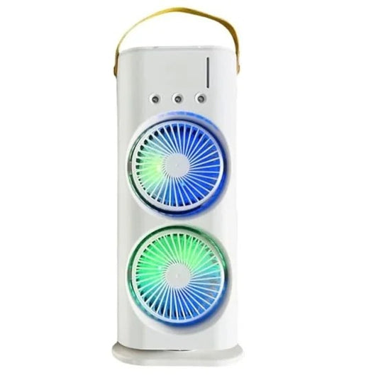 A portable white dual-fan cooling tower featuring two vertically stacked circular fans illuminated with blue and green LED lights, a tan carrying handle on top, and control buttons, set against a plain white background.