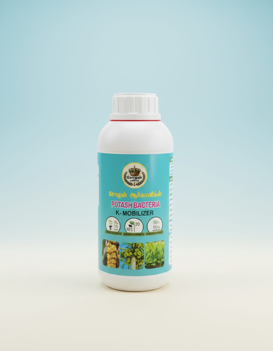 A white plastic bottle of Cholan Organics Potash Bacteria K-Mobilizer, featuring a light blue label with Tamil and English text, dosage icons, and three small photos of crops at the bottom, set against a light blue and beige gradient background.