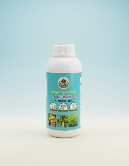 A white plastic bottle of Cholan Organics Potash Bacteria K-Mobilizer, featuring a light blue label with Tamil and English text, dosage icons, and three small photos of crops at the bottom, set against a light blue and beige gradient background.