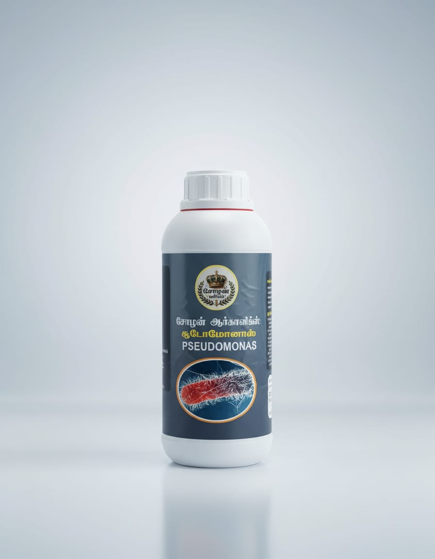 A white plastic bottle of Cholan Organics Pseudomonas liquid, featuring a dark grey label with Tamil and English text and a microscopic illustration of a red and blue bacterium, set against a light grey background.