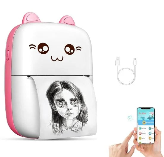 A cute pink and white cat-shaped mini Bluetooth thermal printer printing a black and white photo, displayed alongside a USB charging cable and a smartphone connecting via an app.