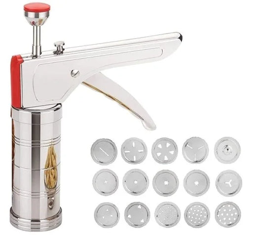 A shiny stainless steel kitchen press and sev maker with a trigger handle, displayed next to 15 interchangeable metal discs with various patterns for shaping dough.