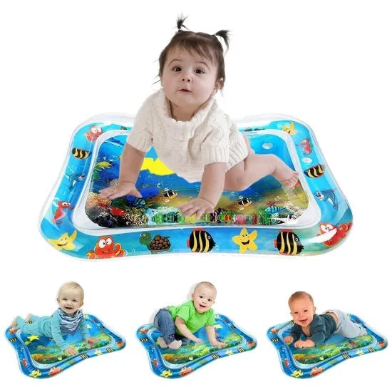A baby happily doing tummy time on a bright blue inflatable water play mat featuring colorful floating sea creatures, with three smaller pictures below showing other babies enjoying the same mat.