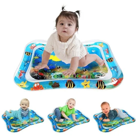 A baby happily doing tummy time on a bright blue inflatable water play mat featuring colorful floating sea creatures, with three smaller pictures below showing other babies enjoying the same mat.