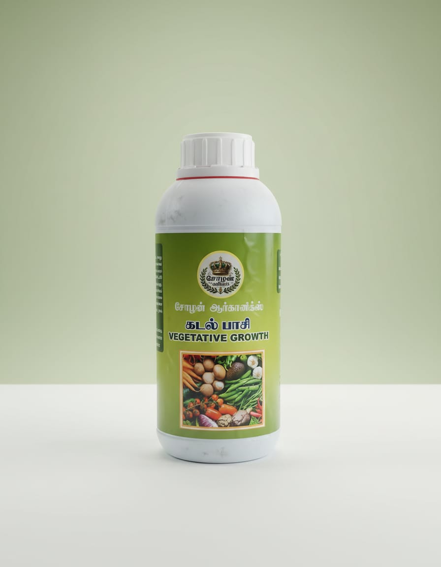 A white plastic bottle of Cholan Organics Seaweed (Kadal Pasi) liquid for Vegetative Growth, featuring a green label with Tamil and English text and a square illustration of mixed fresh vegetables, sitting on a white surface against a light green background.