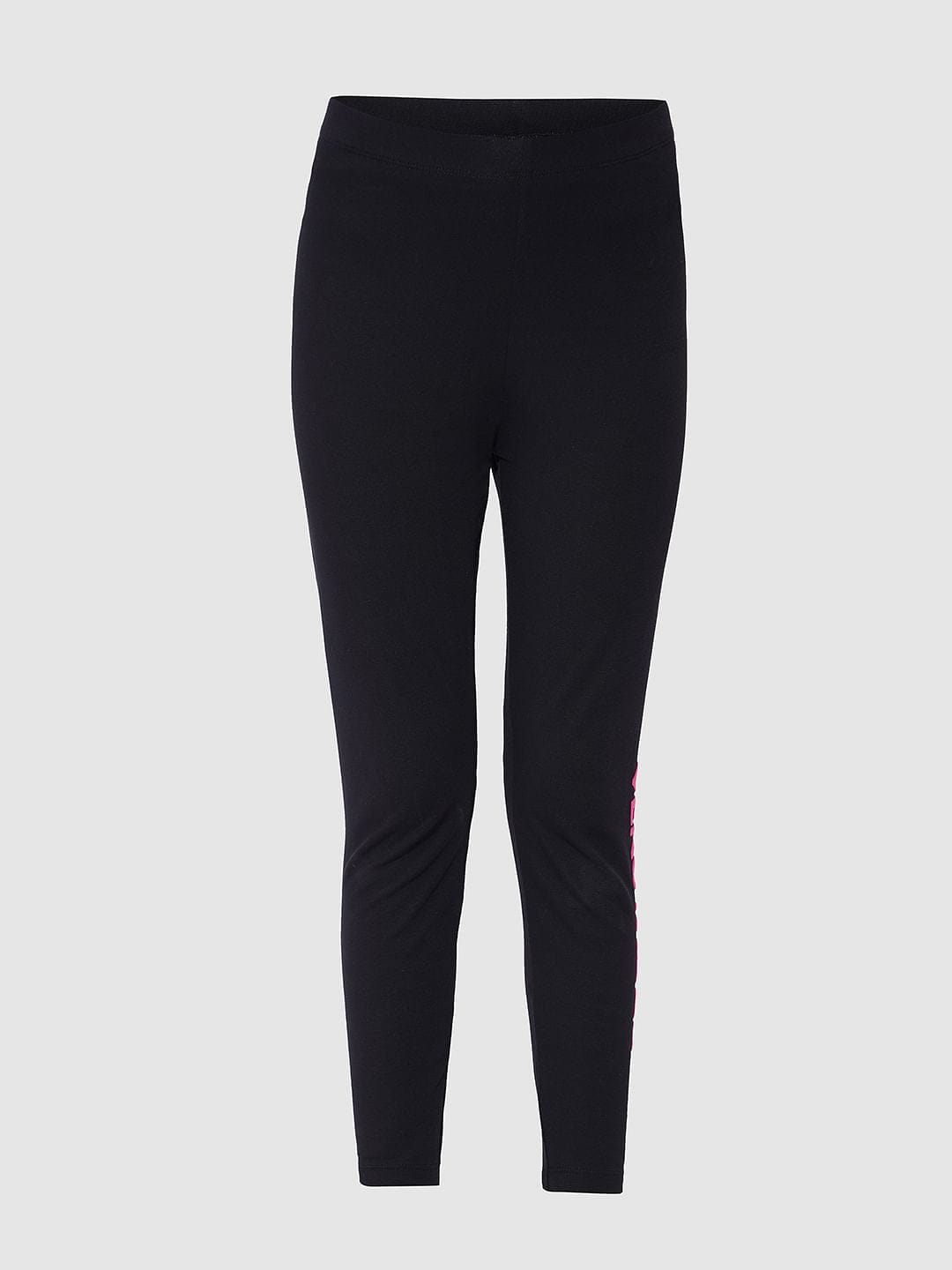 A pair of plain black women's ankle-length leggings displayed against a light grey background.
