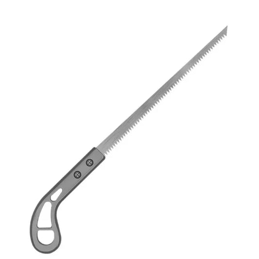 A hand pruning saw featuring a long, sharp serrated metal blade and a grey ergonomic grip handle.